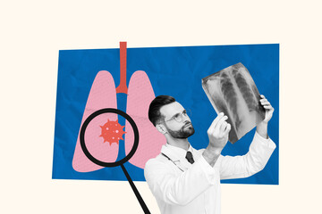 Creative photo collage young man doctor look examine lungs healthcare consultation diagnosis...