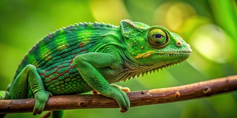 Obraz premium Green chameleon blending into a branch in natural habitat, green, chameleon, branch, camouflage, reptile, wildlife, nature