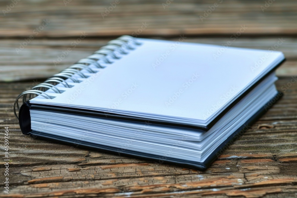 Poster stack of notebooks on a rustic wooden table, ideal for office or study settings