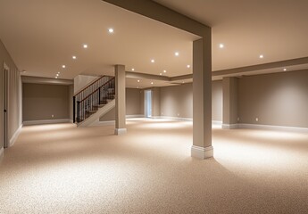 Spacious Basement with Carpeted Floor and Stairs