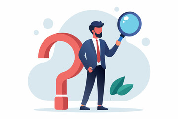 Problem analysis, analyze information to find solution or answer, solving problem or trouble, challenge to think overcome difficulty concept, businessman analyze question mark with magnifying glass.
