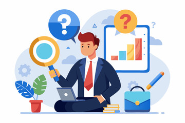Problem analysis, analyze information to find solution or answer, solving problem or trouble, challenge to think overcome difficulty concept, businessman analyze question mark with magnifying glass.
