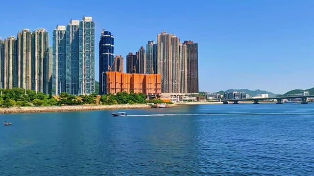 View at summer Tsueng Kwan O waterfront park, Hong Kong 