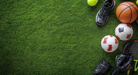 Obraz premium Variety of sports equipment arranged on green grass, representing different athletic activities. 