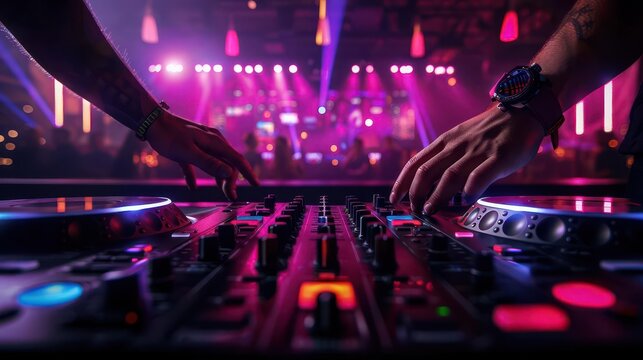 Photo-realistic DJ in a modern club, lasers and smoke effects, intense lighting, high-resolution details, lifelike graphics