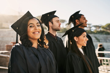 Happy woman, students and graduation with class for qualification, degree or ceremony at...