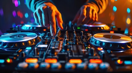 Obraz premium Photo-realistic DJ performance, DJ mixing tracks on turntables, vibrant club lighting, high-resolution details, energetic atmosphere