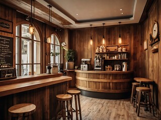 Naklejka premium interior design of cafe with wooden vintage style decorated with warm and cozy tones relaxing tones with classic old wood round corner counter and coffee machinery