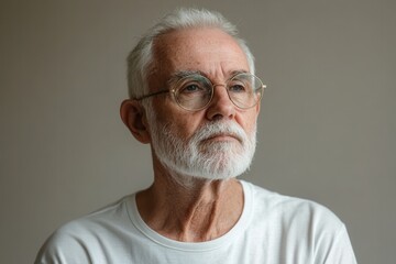 Obraz premium An elderly man with a white beard and glasses gazes thoughtfully into the distance, his expression serene in a softly lit indoor setting. Generative AI