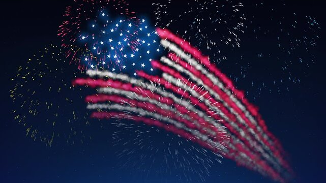 Template for veterans day, presidents day, labor, memorial, independence. Fireworks US flag. Animated template. USA national holiday. Banner. American fireworks flag on sky background. Seamless loop