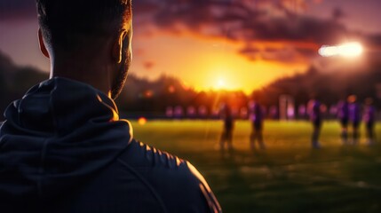Fototapeta premium Photo-realistic football training session, coach instructing players on the field, intricate details, realistic surroundings, vibrant colors