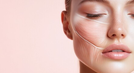Young woman with half of face with muscles structure under skin. Face fitness lifting of facial muscles.
