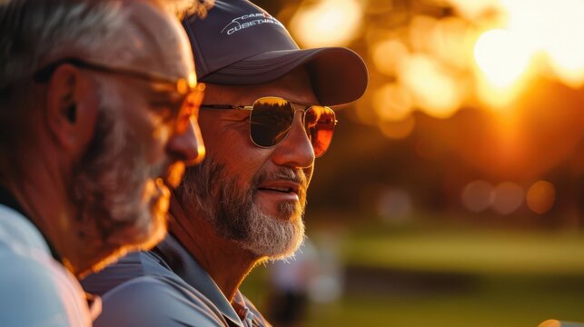 Photo-realistic golf training session, coach advising a golfer on technique, intricate details, realistic surroundings, vibrant colors