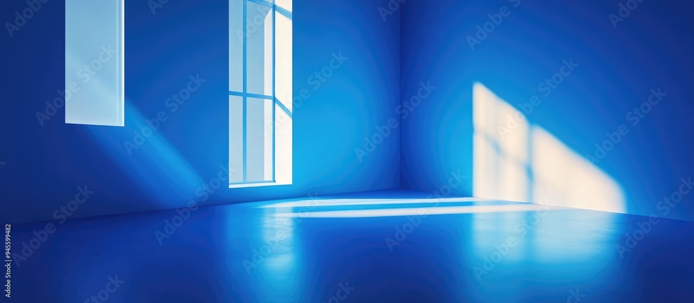 Aufkleber 3d rendering of an abstract geometry studio scene featuring shadow and light with a blue background 