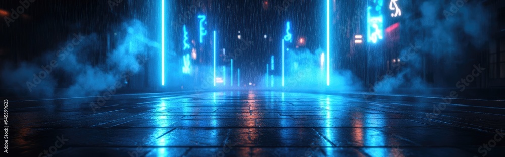 Poster 3d rendering of an empty background scene featuring a dark street reflected on wet pavement with bea