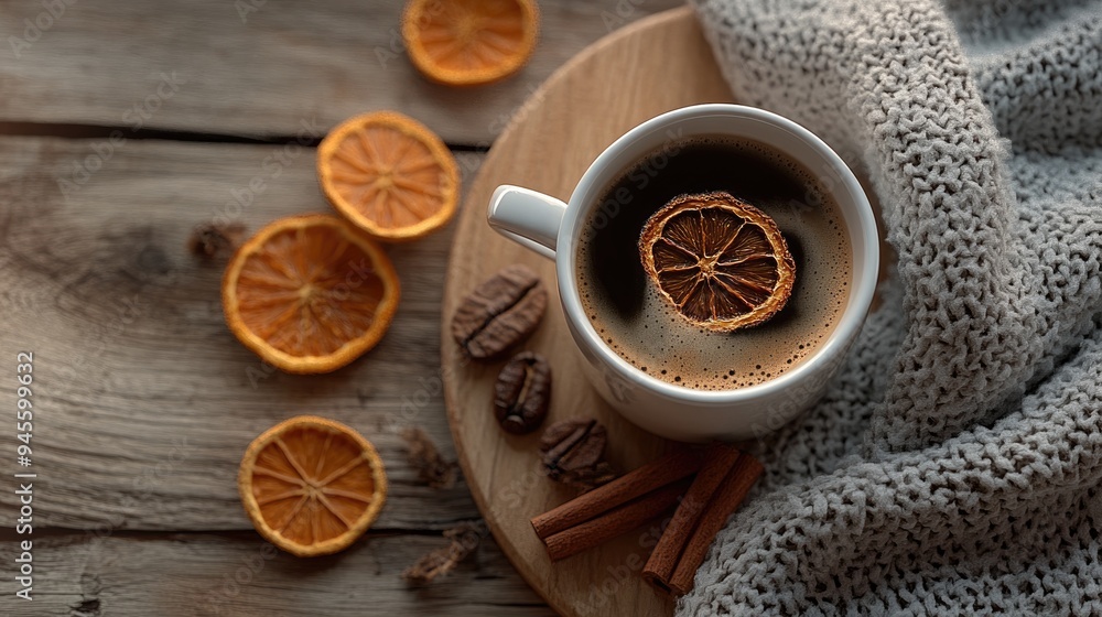 Poster 3d rendering of a warm cup of coffee with cinnamon and dried oranges on a wooden surface from a vert