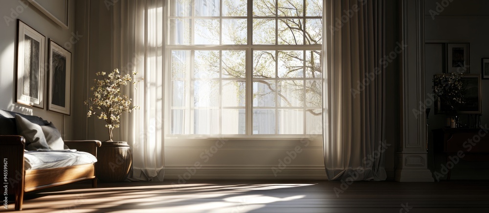 Poster 3d rendering of a beautiful interior with sunlight streaming through the window creating dramatic sh