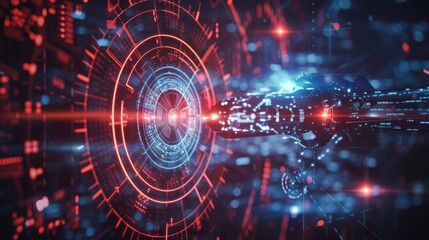 A futuristic military drone, powered by AI, targets a digital interface with precision. Red and blue glowing circuits, emphasizing cutting-edge targeting systems and advanced technology