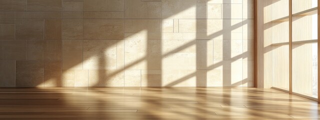 3D rendering of an interior featuring a wooden floor and tiled wall with a contemporary design