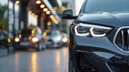 Naklejka premium A close-up shot of a luxury car's headlight in a modern dealership, highlighting the sleek design and elegance of the vehicle.