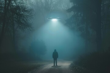 A UFO emits a bright beam of light, illuminating a lone figure standing on a foggy forest path. The eerie, misty atmosphere and surrounding dark trees enhance the mysterious, otherworldly scene