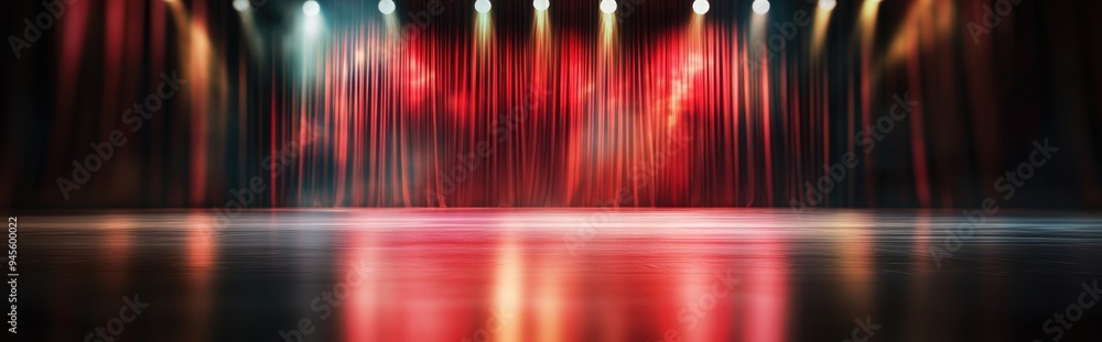 Aufkleber 3d rendering of a blurred theater stage featuring red curtains and dynamic spotlights capturing the 