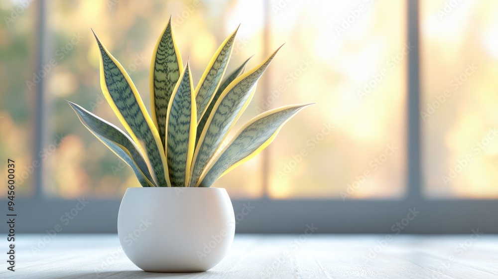 Poster 3d rendering of a sansevieria trifasciata indoor plant in a white ceramic pot featuring a minimalist