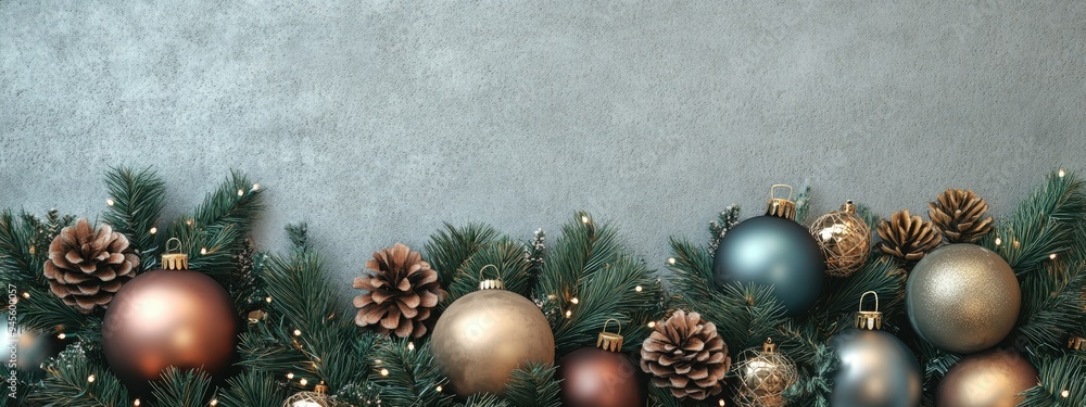 Poster 3d rendering of christmas decorations on a grey background with a blank space for text