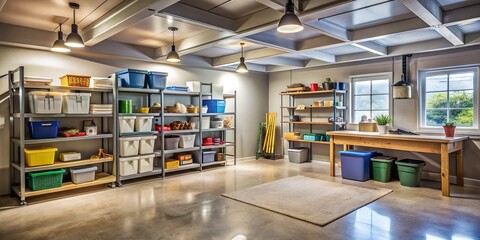 Spotless, well-organized basement with neatly stored bins, shelves, and tools, illuminated by bright natural light pouring through a nearby window.