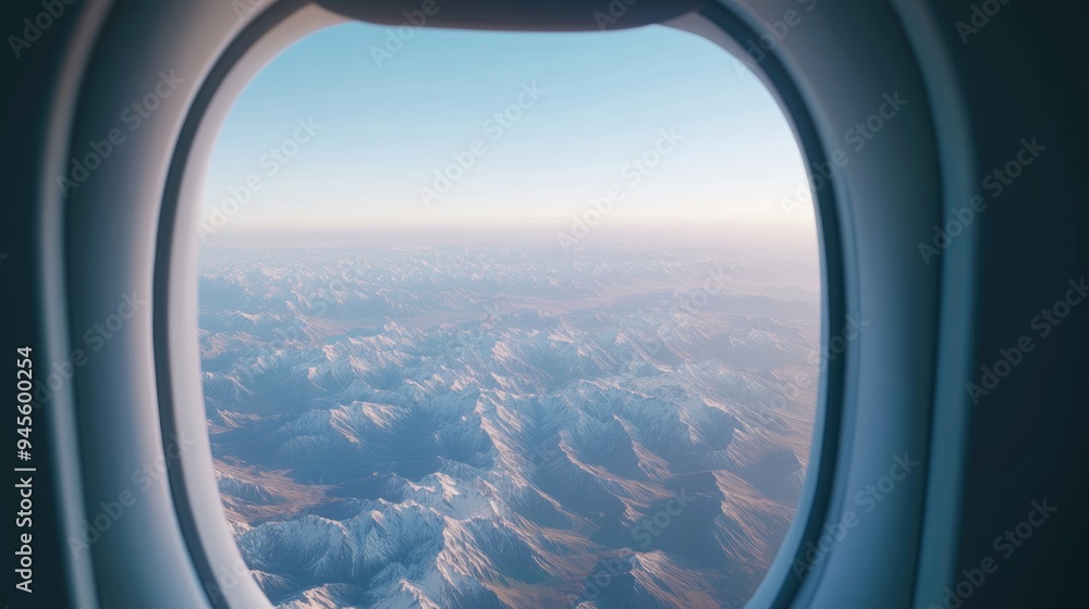 Poster 3d rendering of a view through an airplane window showcasing mountainous landscapes