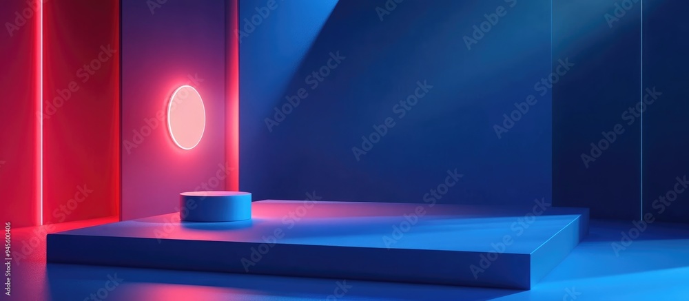 Aufkleber 3d rendering of an abstract geometry studio scene featuring shadow and light with a blue background 