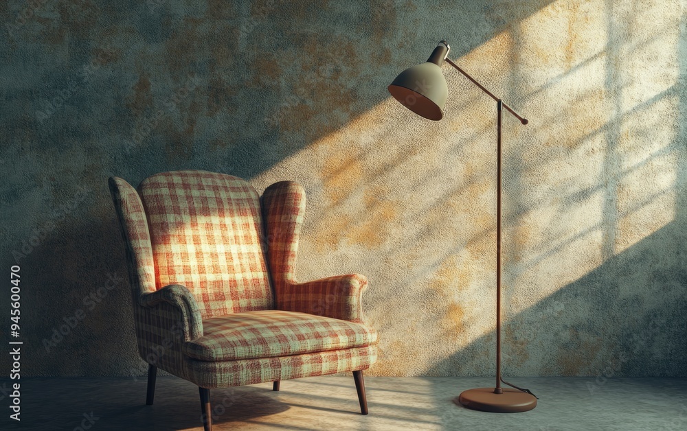 Poster 3d rendering of a retro armchair and floor lamp set against a wall background in a clay illustration