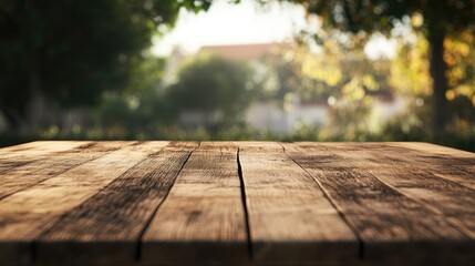 Fototapeta premium 3D rendering of a wooden tabletop with a blurred background ideal for product montage