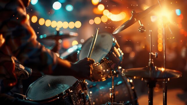 Photo-realistic jazz band close-up, drummer in mid-beat, intricate details, lifelike graphics, hyper-detailed textures