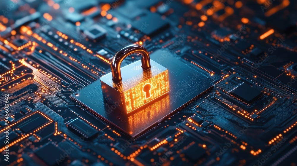 Poster cybersecurity concept with a digital padlock over a circuit board, representing data protection