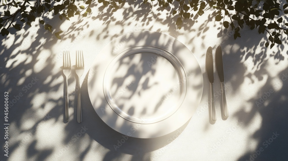 Fototapete 3D rendering of a festive table setting featuring a white plate and cutlery surrounded by sunlight and shadows cast by tree branches