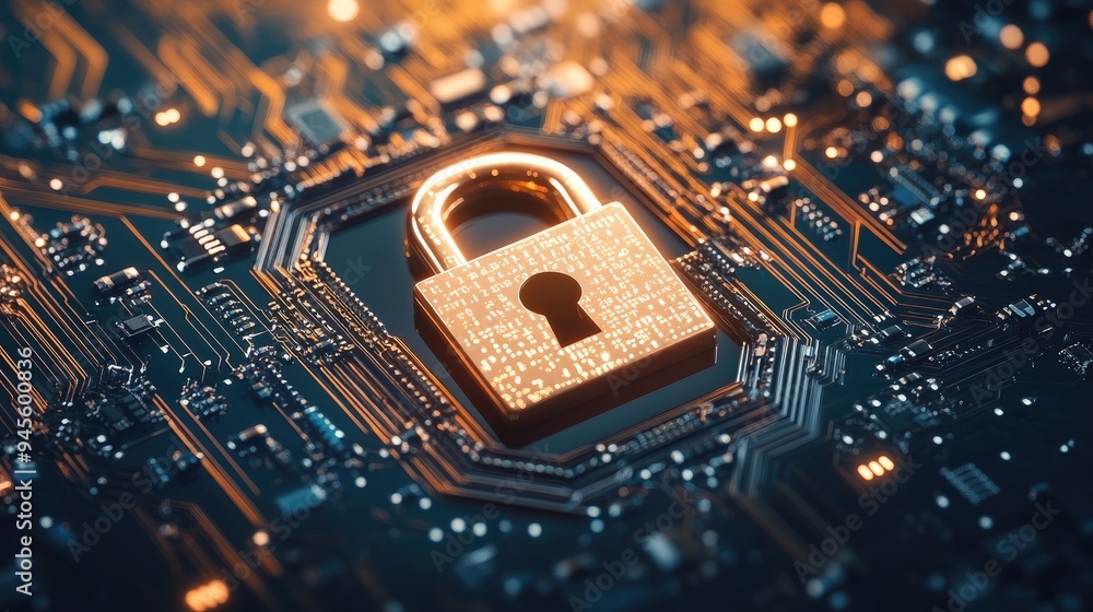 Poster cybersecurity concept with a digital padlock over a circuit board, representing data protection