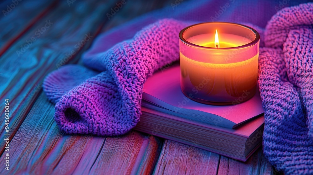 Poster cozy autumn or winter composition featuring a 3d rendering of an aromatic candle wool sweater and bo