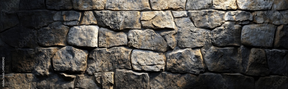 Poster 3d rendering of an ancient stone gray wall fragment illuminated by sunlight