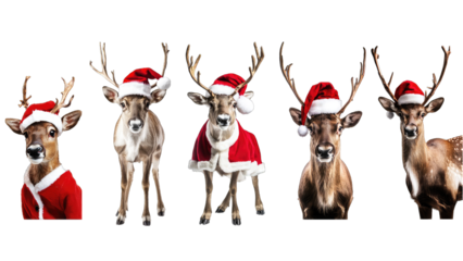 A group of deer wearing Santa hats