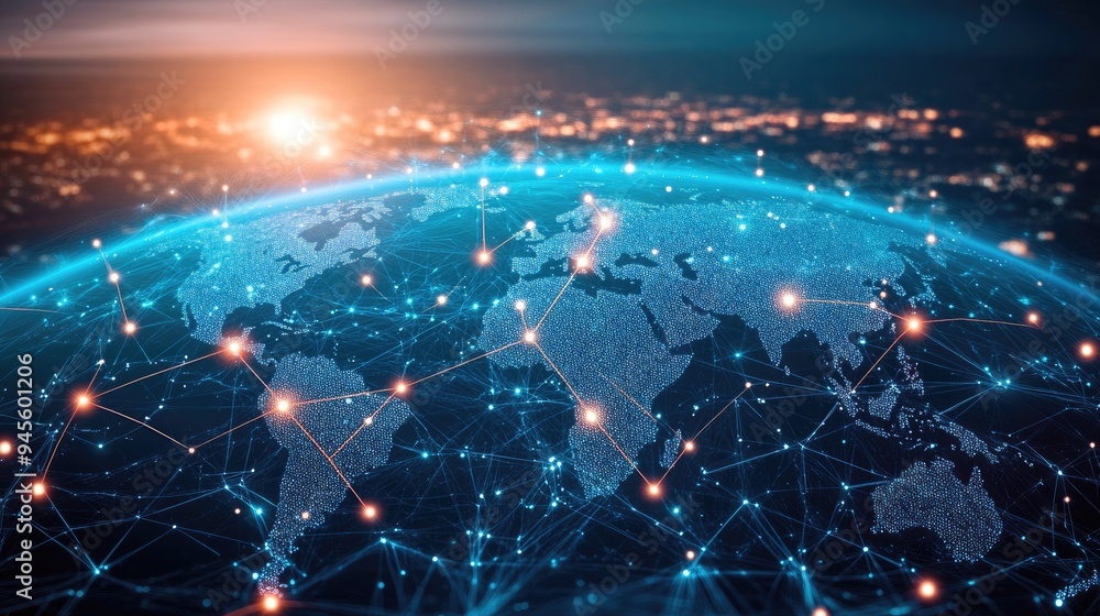 Poster digital globe with data points, representing global communication networks