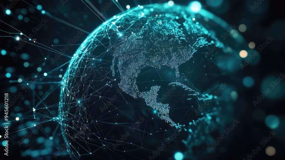 Poster digital globe with data points, representing global communication networks