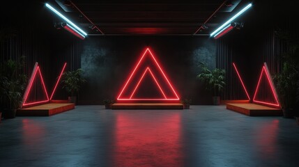 A stylish, modern room featuring glowing red neon triangles on platforms, complemented by lush green plants, creating a trendy and artistic atmosphere.