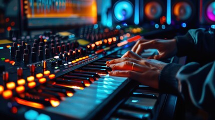 Photo-realistic music production team collaborating in a modern studio, creative atmosphere, high-resolution details, lifelike graphics