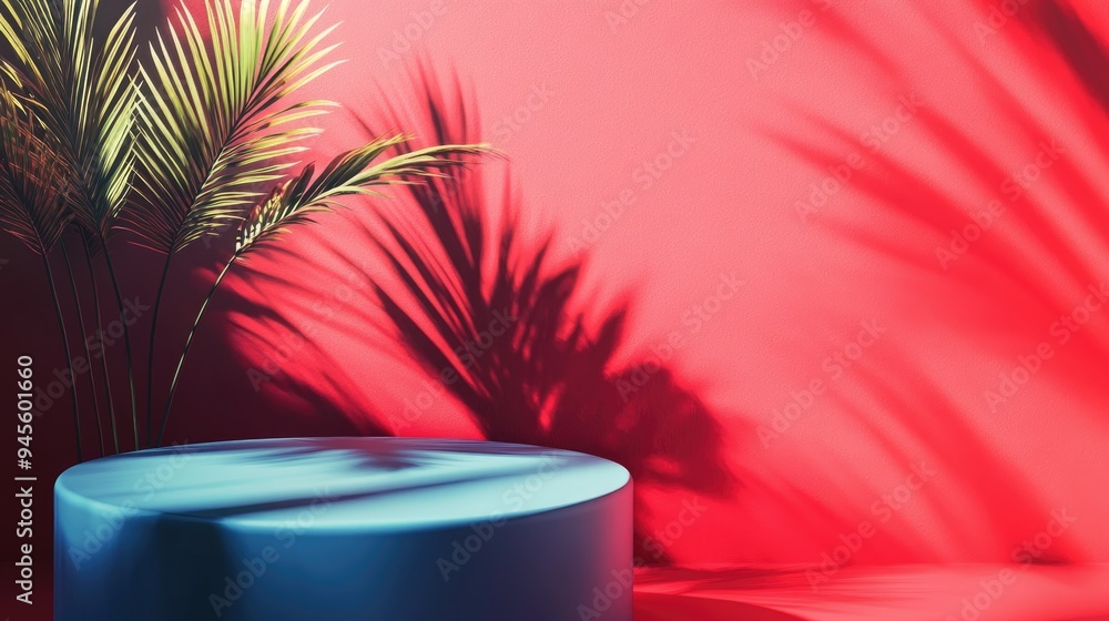 Poster 3d rendering of a modern colored background featuring palm shadows on a blue table with a vibrant re