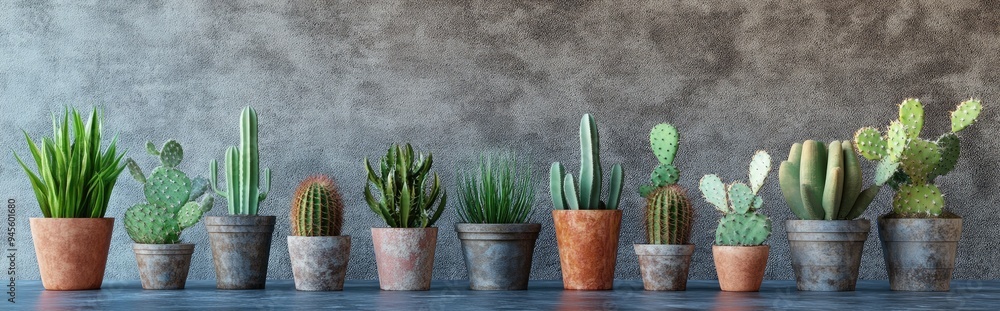 Aufkleber 3d rendering of a panorama featuring a variety of cactus plants arranged in a row against a metallic