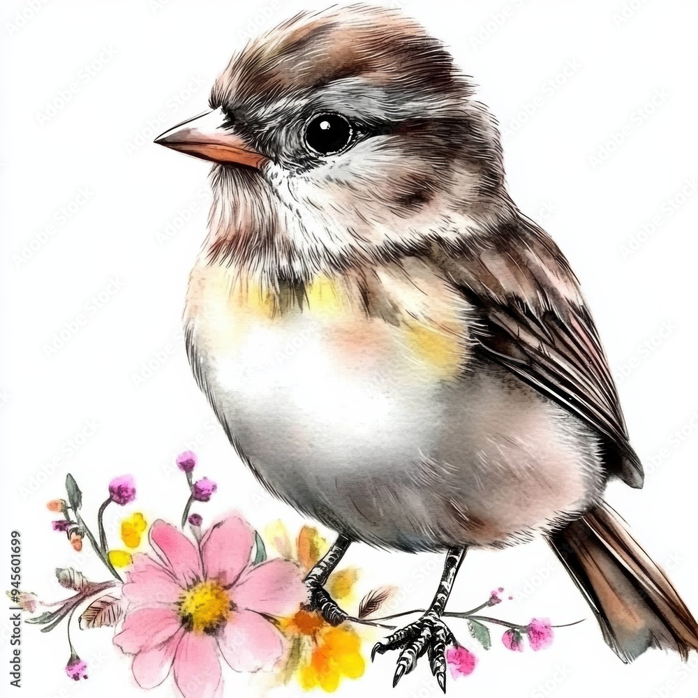 Poster how about: a sparrow perched on a branch with a white background? this captures the essence of the i