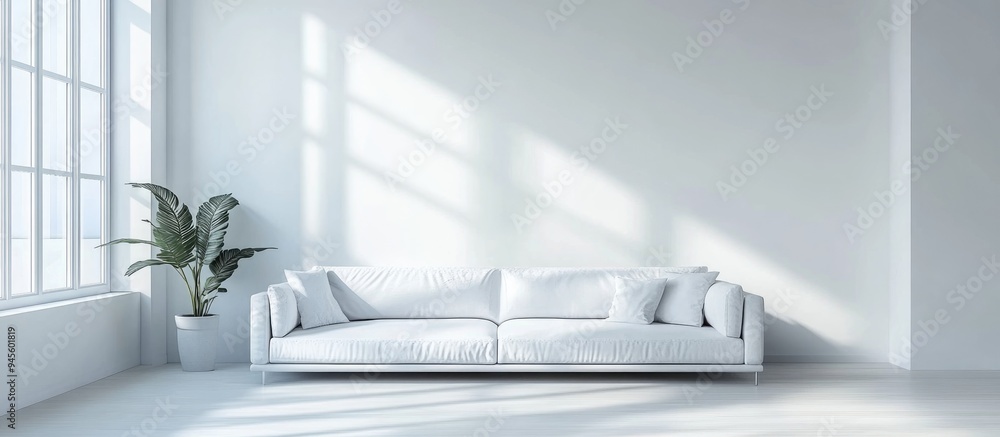 Poster 3d rendering of a sofa in a minimalist white room with scandinavian interior design