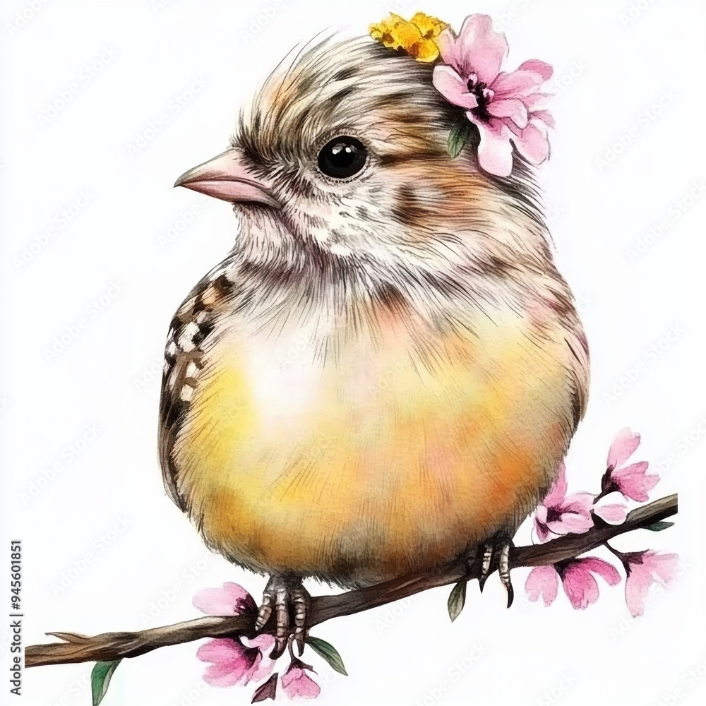 Poster how about: a small, white bird with yellow feathers standing on a branch?