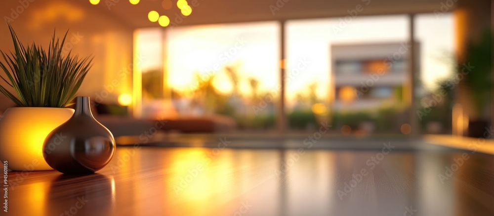 Poster 3d rendering of a blurred room featuring modern interior design with bokeh background
